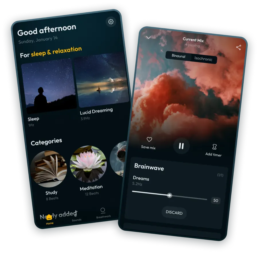 Binaural Beats Brainwaves running on a phone, showing the player with layered sounds.
