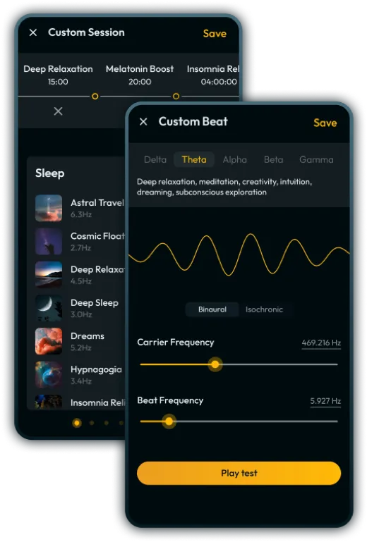 The custom beat and session builder, showing frequency controls.